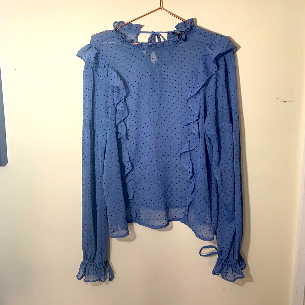 Topshop Light Blue Polka Dot Ruffle Long-Sleeve Blouse
